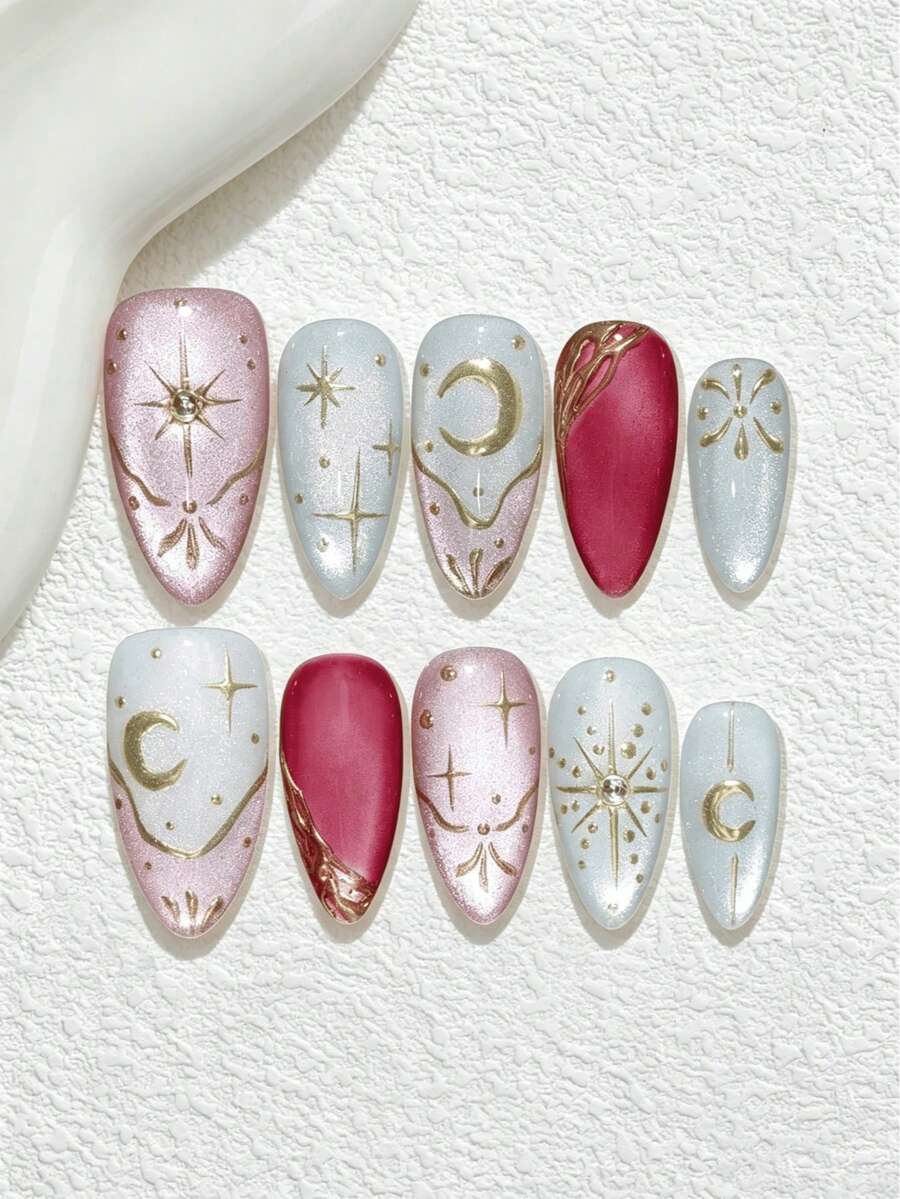 10pcs Handmade Nail Art Stickers, DIY French Manicure Set, Medium Almond-Shaped Nail Strips, Embedded 3D Sparkling Rhinestones, Golden Starry Sky Design, Classic Full Coverage Style, Reusable, Suitable For Women And Fashionable Girls For Dates, Parties. Daily Manicure Supplies, Girl Gifts, Holiday Party Gifts, Manicure Set, Nail Art, Nail Supplies, Holiday Travel Matching. Nail Art DIY, Nail Supplies. Nails - Multicolor - View 1
