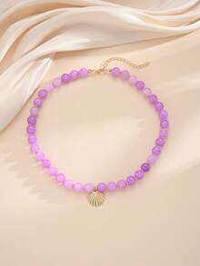Bohemian 1pc Vintage French Elegant Fashion Hip-Hop Boho Vacation Style Bling Bling Colorful Beaded Purple Shell Conch Pendant Tassel Long Necklace Set Personalized Exaggerated Unique Y2K Multi-Piece Layered Y-Shaped Chain Collarbone Chain Sweater Chain Suitable For Women Summer Beach Vacation Party Evening Dinner Music Festival Date Gift Daily Wear All Season Versatile Jewelry - Purple - View 5