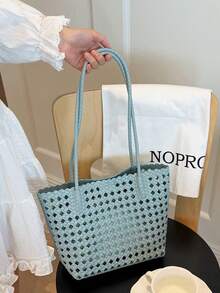 2026 New Hollow Embossed Woven Bag, Women's Shoulder Bag With Small Bag, Large Capacity Bag, Vacation Travel Charm Versatile Leisure Bucket Bag - Blue - View 5
