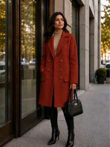 Women's Long Wool Coat, Parka, Or Overcoat, Elegant And With Front Button Closure. - 赤陶紅 - 查看 2