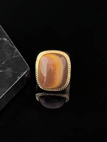 خاتم مطلي بالذهب عالي اللمعان بطراز عتيق مع حجر اصطناعي، خاتم نسائي، هدية عيد الميلاد - بني - مشاهدة 3