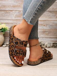 Women's Vintage Leopard Print Double Hook & Loop Thick Sole Cork Cushioned Slide Sandals, Casual Versatile Beach Slippers For Summer - Coffee Brown - View 6