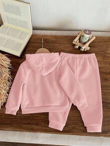 Baby Girl Cartoon Print Hooded Warm Sweatshirt And Pants Set - Pink - View 2