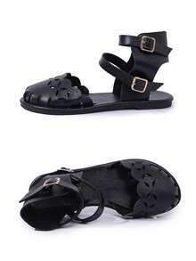 Vintage Hollow Toe Women's Flat Sandals, Solid Color Faux Leather Upper, Double Buckle Heel Strap, Casual Vacation, Lightweight And Breathable - Black Buckle - View 7