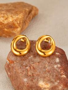 VJS 1 Pair European And American INS Style Exaggerated Geometric Hoop Earrings, Vacuum Plated Gold Stainless Steel Stud Earrings, Suitable For Commuting, Daily Shopping, Dating, Vacation, Party, Workplace Outfit, Gift Giving - Geometric Hoop Earrings - View 13