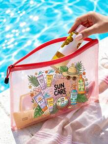 「SUN CARE」印花時尚防水 PVC 沙灘包，彩色字母印花，A4 尺寸，透明化妝包配尼龍拉鍊，適合游泳、潛水與夏季度假，輕量，年輕成人通用，沙灘包配件，旅行必需品，旅行配件，假期必需品，假期旅行包 - 彩色 - 查看 8