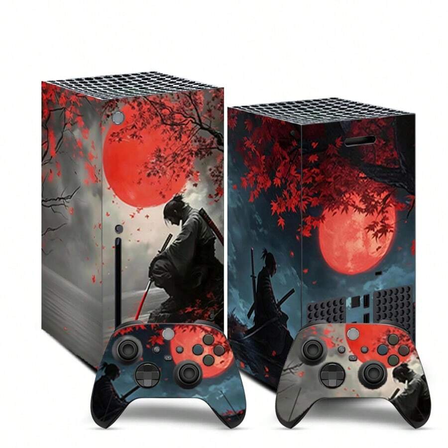 Adecuado para Series X y pegatina de samurái de luna roja y viento, estilo japonés retro, textura mate, impermeable, removible sin residuos, protección de Body completo para consola y mando - Ver 1