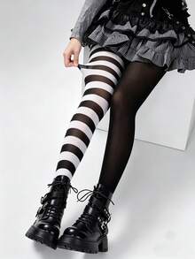 STAR RIVER 1 Pair Black & White Striped Gothic Tights, Y2K Colorblock Leggings, Sweet Lolita Socks, Halloween Cosplay - Multicolor - View 2