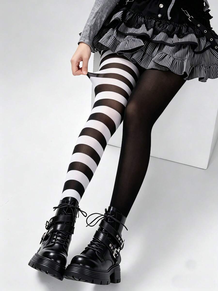 STAR RIVER 1 Pair Black & White Striped Gothic Tights, Y2K Colorblock Leggings, Sweet Lolita Socks, Halloween Cosplay