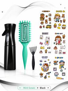 可愛 DIY 造型禮品套組，包含噴霧瓶、造型梳、尾梳和卡通貼紙頁，便攜式美髮護理套裝，適合女性，粉色、紫色、白色、綠色、黑色可選 - 彩色 - 查看 3