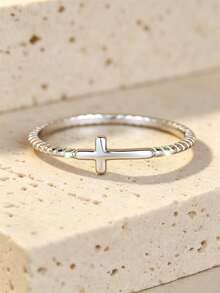 1pc Minimalist Sophisticated Cross 925 Sterling Silver Unisex Ring, Suitable For Everyday Wear - Silver - View 8