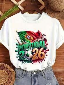 Camiseta de Mujer Talla Grande con Diseño de Bandera de Portugal 2026 y Balón de Fútbol para Aficionados al Fútbol, Ropa Casual de Verano, Regalo - Blanco - Ver 1