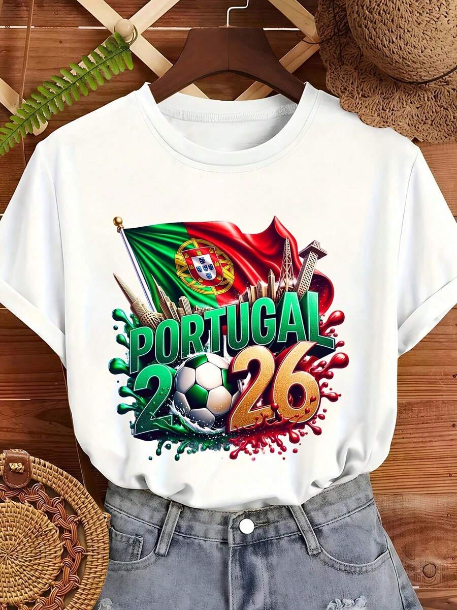 Camiseta de Mujer Talla Grande con Diseño de Bandera de Portugal 2026 y Balón de Fútbol para Aficionados al Fútbol, Ropa Casual de Verano, Regalo - Blanco - Ver 1