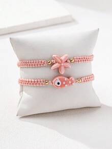 2pcs/Set Tropical Ocean Starfish Fish Design Multi-Layer Bracelet Set, Summer Beach Daily Vacation Party Jewelry - Pink - View 2