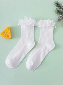 1 Pair Solid Color Fabric Ruffle Trim Soft & Sweet Elegant Women Mid-Calf Socks, Suitable For Vacation And Outdoor Activities, Spring/Summer - White - View 2