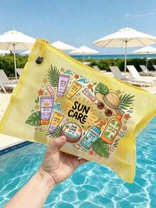 「SUN CARE」印花時尚防水 PVC 沙灘包，彩色字母印花，A4 尺寸，透明化妝包配尼龍拉鍊，適合游泳、潛水與夏季度假，輕量，年輕成人通用，沙灘包配件，旅行必需品，旅行配件，假期必需品，假期旅行包 - 彩色 - 查看 2