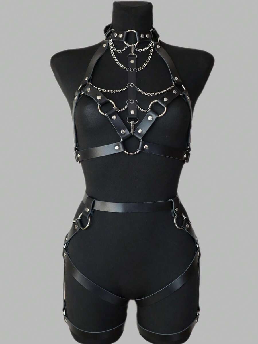 1 Set Harnais de corps à col ras-du-cou pour femme avec bustier, porte-jarretelles levant les hanches et sangles de jambes, tenue à bretelles tout-en-un pour fêtes de vacances ou soirée de carnaval - Noir - Voir 1