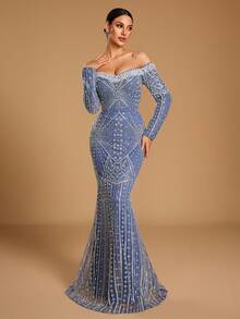 GIFORU Haze Blue Off-Shoulder Pearl Beaded Long Sleeve Mermaid Evening Gown, Butterfly Wing Radial Sequin Rhinestone Embroidery Fitted Slimming Fall Wedding - Dusty Blue - View 8