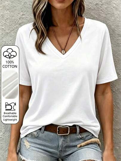 Pure Cotton Fabric, 100% Cotton, Women's T-Shirt, Women's Top, White Top, Women's Short Sleeve, V-Neck, Spring/Summer - White T-Shirt Casual