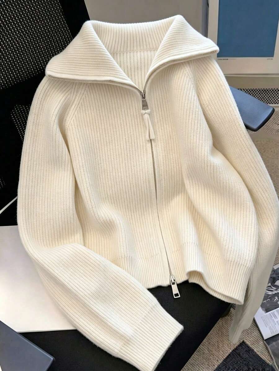 Women's Autumn/Winter Casual Daily Wear Minimalist Versatile Double Zipper Knit Cardigan Jacket - Apricot - View 1