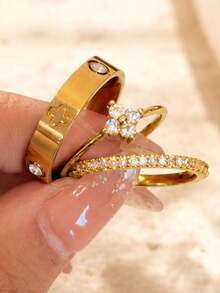 3pcs/Set Gold Stackable Rings, 18K Gold Plated 304 Stainless Steel, Rust-Proof, Waterproof, Hypoallergenic Lucky Stacked Jewelry, Valentine's Day, Christmas, Qixi Festival Gift For Her And Daily Wear - Gold - View 11