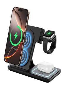 Foldable 3-In-1 Wireless Charging Station, 15W Fast Magnetic Charging Base, Adjustable Dual-Angle Stand, Supports Simultaneous Charging For Qi Phones, Smartwatches And Bluetooth Earphones, Compact Foldable Travel Design, ABS Material With Soft Ambient Indicator Light, Built-In Induction Coil, Stable Charging - Pink - View 2