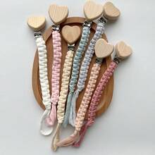 [Estilo de marco de madera con forma de corazón] 1 pieza Cadena de chupete de tela tejida a mano, opciones de varios colores, juguete mordedor de chupete con cordón anti-pérdida - Cadena para chupete con clip de madera en forma de corazón - Ver 5