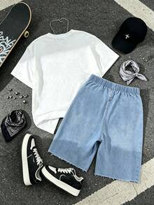 2pcs/Set Boys' Casual Vintage Street Style Versatile Cross Pattern Contrast Color Print Soft Round Neck Short Sleeve T-Shirt Paired With Loose Distressed Denim Shorts Set, Spring/Summer - Light Wash - View 2