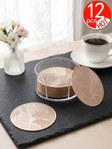 12入金色葉紋壓花杯墊，PVC材質餐墊，3.94英吋圓形咖啡杯墊，可水洗、易清潔、可擦拭、防滑耐熱，適合房間裝飾、居家桌面裝飾、家居裝飾，適用於節日、派對、生日、婚禮與晚餐聚會 - 彩色 - 查看 14