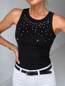 ChicMe Atasan Tank Top Wanita Model Racerback Bergaris dengan Hiasan Rhinestone Warna-warni, Kerah Bulat, Potongan Slim Fit, Atasan Camisole Rajut Bergaris untuk Pesta, Pakaian Sehari-hari, Streetwear Kasual - Hitam - View 8