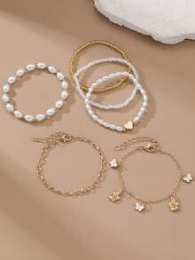 Juego de 6 pulseras para niñas con perlas, corazones, mariposas y flores, combinación adecuada para decoración diaria - Multicolor - Ver 6