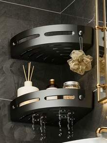 2/1pc Rust-Proof Plastic Corner Shower Caddy, Wall-Mounted Bathroom Storage Rack, Curved Design, Suitable For Shampoo, Cosmetics And Toiletries, Space-Saving For Small Bathrooms, Bathroom Storage Organizer - Black - View 5
