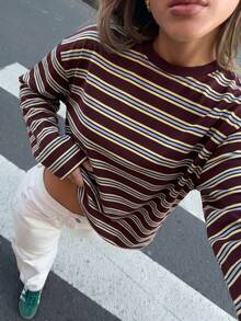 SDNGED Women's Casual Top, Striped Color Block Ribbed Fabric, Everyday Wear Spring/Autumn, Effortless Style - Redwood - View 4