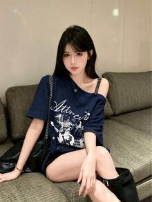 美式印花不對稱肩帶海軍藍短袖女款夏季性感寬鬆獨特上衣 - 藏蓝色 - 查看 5