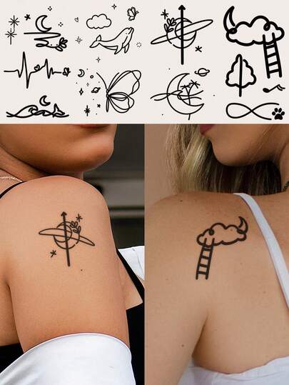 4PCS Combination Tattoo Stickers - Black Minimalist Star Moon Whale Planet Pattern Tattoo Stickers, DIY Anime Festival, Carnival, Music Festival, Valentine's Day, Party Holiday Gift, Suitable For Arm Shoulder Neck Collarbone Leg Body Skin Waterproof Realistic Tattoo Stickers