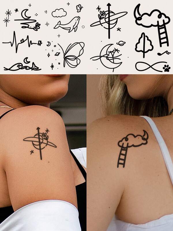 4PCS Combination Tattoo Stickers - Black Minimalist Star Moon Whale Planet Pattern Tattoo Stickers, DIY Anime Festival, Carnival, Music Festival, Valentine's Day, Party Holiday Gift, Suitable For Arm Shoulder Neck Collarbone Leg Body Skin Waterproof Realistic Tattoo Stickers