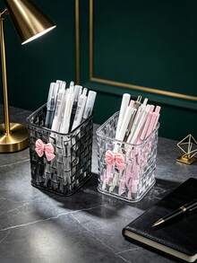 2pcs/1pc Ins Luxury Woven Square Pen Holder With Cute Bow Decoration, Student Desk Organizer, Office Large Capacity Pen Holder, Makeup Brush Holder, Multi-Function Storage Container - Rectangle - View 9