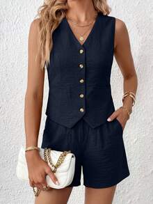 PRETTYGARDEN Women's Summer Clothes Tanktop 2 Piece Sets Outfits Sleeveless Matching  Button Down V Neck Vest Waistcoat And Pockets Going Out Short Sets Vacation - 藏蓝色 - 查看 4