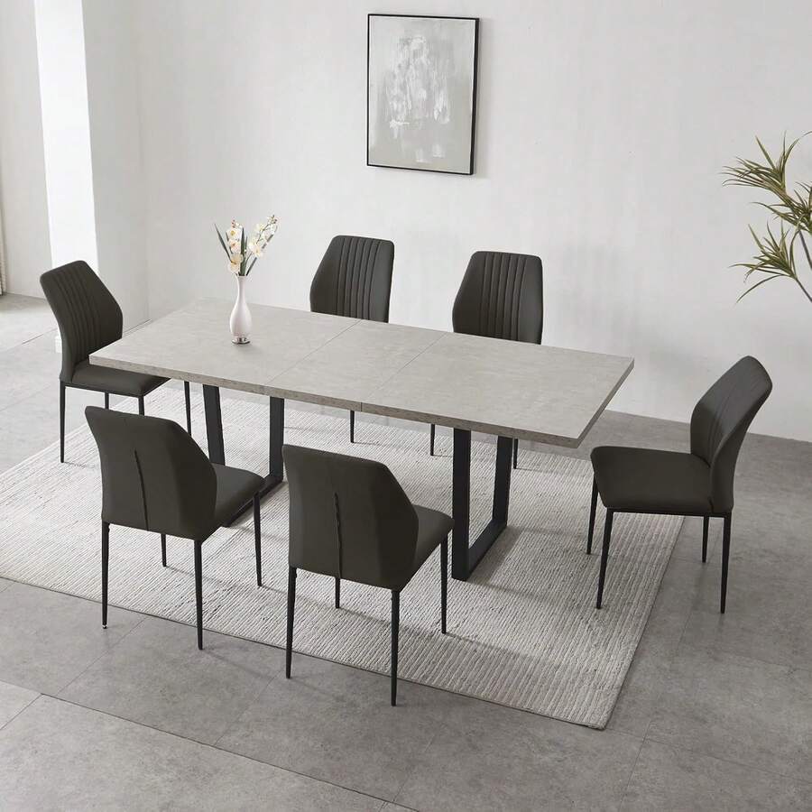 jiexi Extendable Dining Table And 4-6 Chair Set, 130-170cm Grey MDF Dining Table With Black PU Dining Chairs With Metal Legs For Kitchen, Living Room - Black - View 1