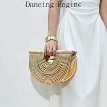Dancing Engine 女款奢華設計師品牌手工編織包，銀色婚禮晚宴手拿包，金色手提包 - 金色 - 查看 2
