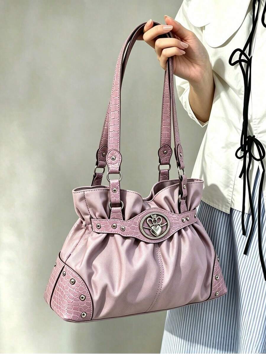 2026 New Pink Pleated Shoulder Bag For Women, Large Capacity, Commuter, Versatile, Lightweight Handbag - Pink - View 1