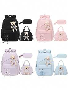3pcs Set Solid Color Cute Bear (Detachable) Backpack Set, Cute School Bag With Bow Ribbon (Detachable), Crossbody Bear Lunch Bag, Zipper Closure, Large Capacity Multi-Pocket Lightweight School Bag, Suitable For Various Occasions, Campus Backpack, Travel Backpack, Back To School Gift - A - View 2