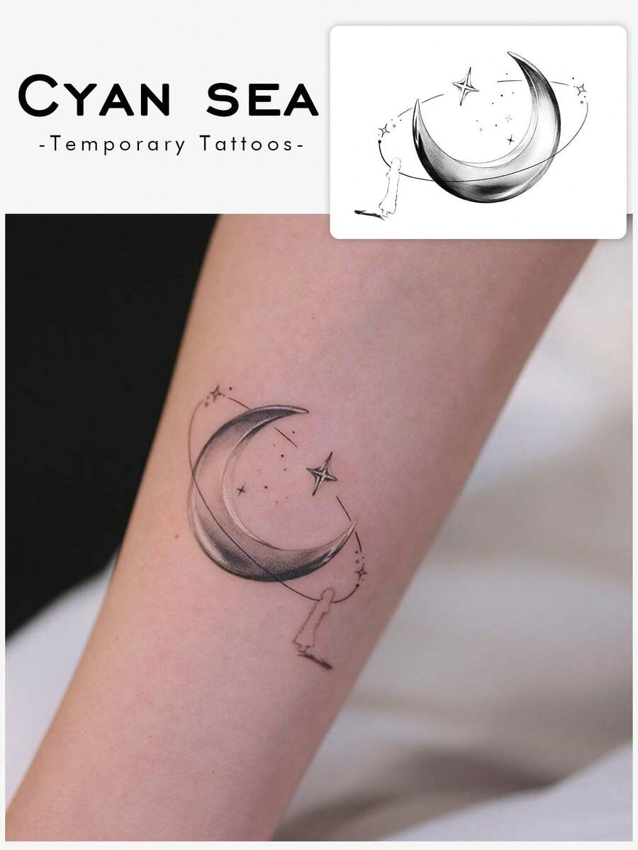 1件草本素描漸層新月星星孤獨人物橫向正方形圖案臨時紋身貼紙，逼真假紋身設計，適合日常、單身派對伴手禮、音樂節、遊戲、畢業禮物，可維持7-14天 - 黑色 - 查看 1