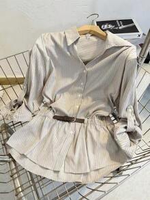 Women's Fashion Striped Long Sleeve Button-Up Shirt With Waist Tie, Made Of Non-Stretch Polyester Fabric, Perfect Autumn Fashion Top - Apricot - View 7