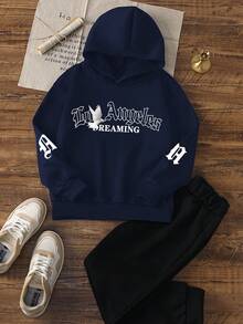 1 buah Sweatshirt Gaya Halloween Minimalis Keren Manis untuk Anak Laki-laki Remaja, Logo Kecil di Dada Depan, Cetakan Hantu Damai Jaring Laba-laba Kelelawar dengan Font Tetesan di Belakang, Sweatshirt Longgar Serbaguna untuk Pasangan di Musim Gugur/Dingin - Navy Blue - View 3