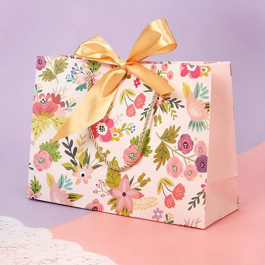 1/2/4/6 Sets de Bolsas de Regalo de Papel con Asas, Bolsas de Regalo para Fiestas con Diseño Floral y Cinta, Diseño Floral de Primavera y Rosa Romántico, Adecuado para Bodas, Cumpleaños, Día de San Valentín, Navidad, Acción de Gracias - Múltiples estilos - Ver 1