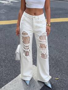 Jeans casuales de mujer de cintura baja, blancos, holgados, con patchwork de encaje y efecto desgastado, para otoño - Blanco - Ver 8