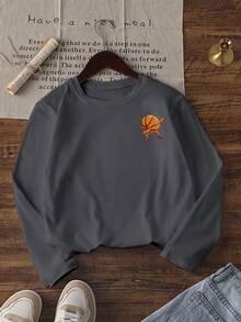 1pc Tween Boys Round Neck Long Sleeve Top, Back French Letter Slogan Print, Loose Casual Spring/Autumn Daily Outing Dark Grey Versatile Pullover Children's Clothing - Dark Grey - View 4