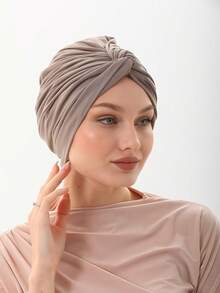 1 pieza Gorro turbante clásico minimalista de unicolor para mujer, diseño plisado completo de alta elasticidad, antideslizante, absorbente de sudor, transpirable, envoltura de cabeza plisada multicapa, hace que la cabeza se vea llena, combina perfectamente con el hiyab, tela de punto premium suave y cómoda de modal amigable con la piel, adecuado para uso diario - Beis - Ver 1