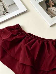 Summer New Plus Size Solid Color Ruffled Multi-Layered Tiered Cake Shorts Off-Shoulder Elegant Sexy Romper - Burgundy - View 6